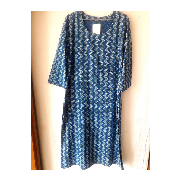 Indigo Blue Long Cotton Kurti In Dabu Print